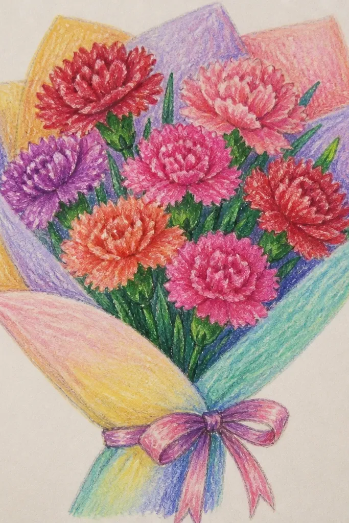 A pastel rainbow mix of carnations with consistent crease lines and soft leaves