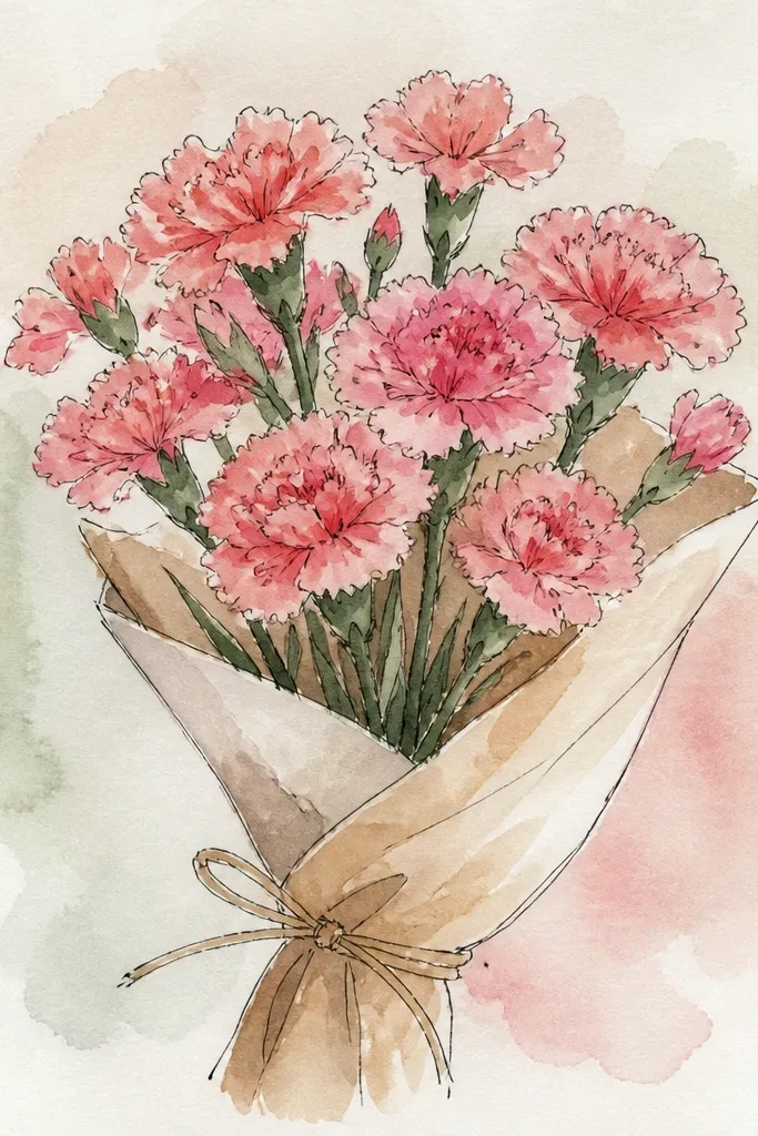 Soft watercolor edge carnations with pencil-drawn petal lines and gentle green stems