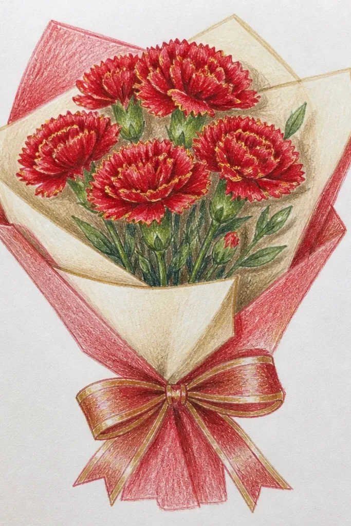 Red carnations with darker creases and a ribbon outlined in gold for contrast