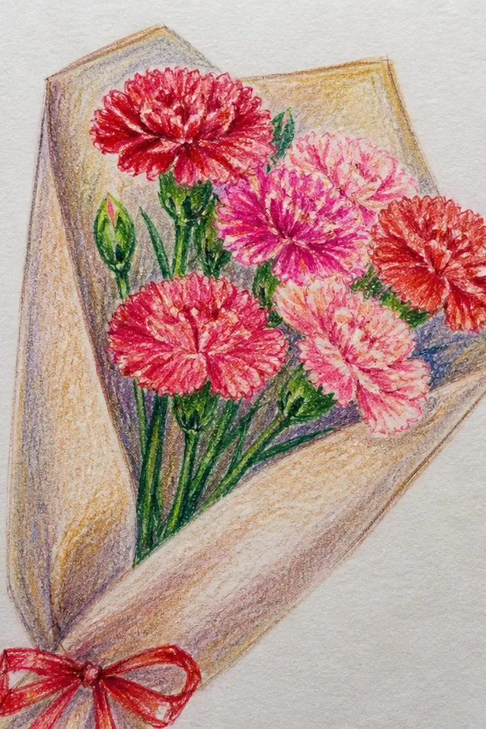 Carnations wrapped in a diagonal paper sleeve with simple fold lines and clean stems