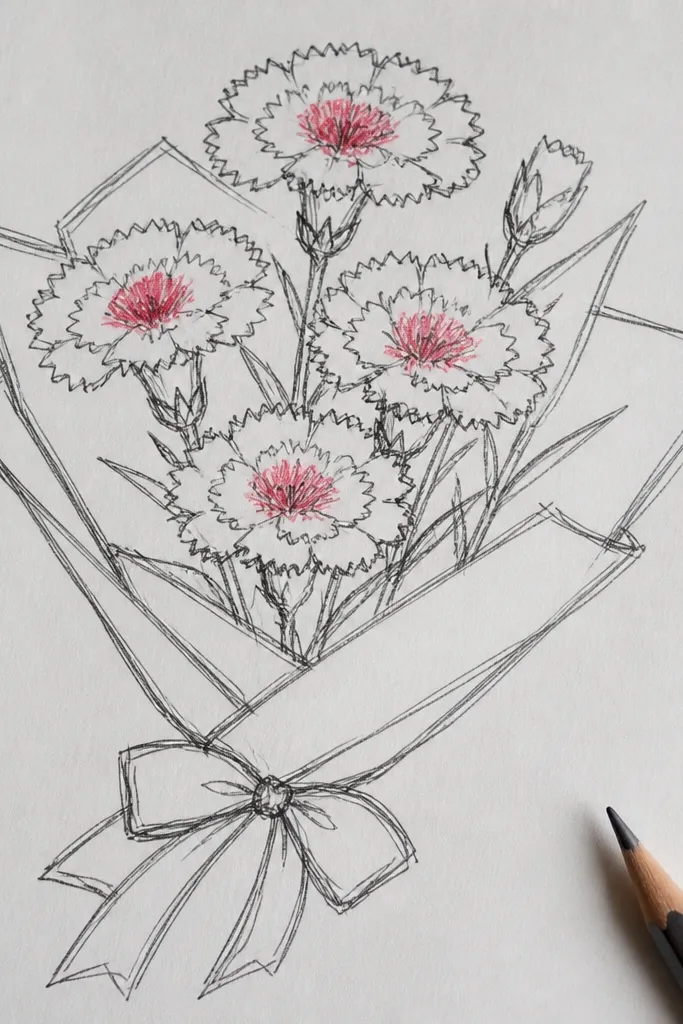 20 small carnation drawings in a grid with bold pink centers