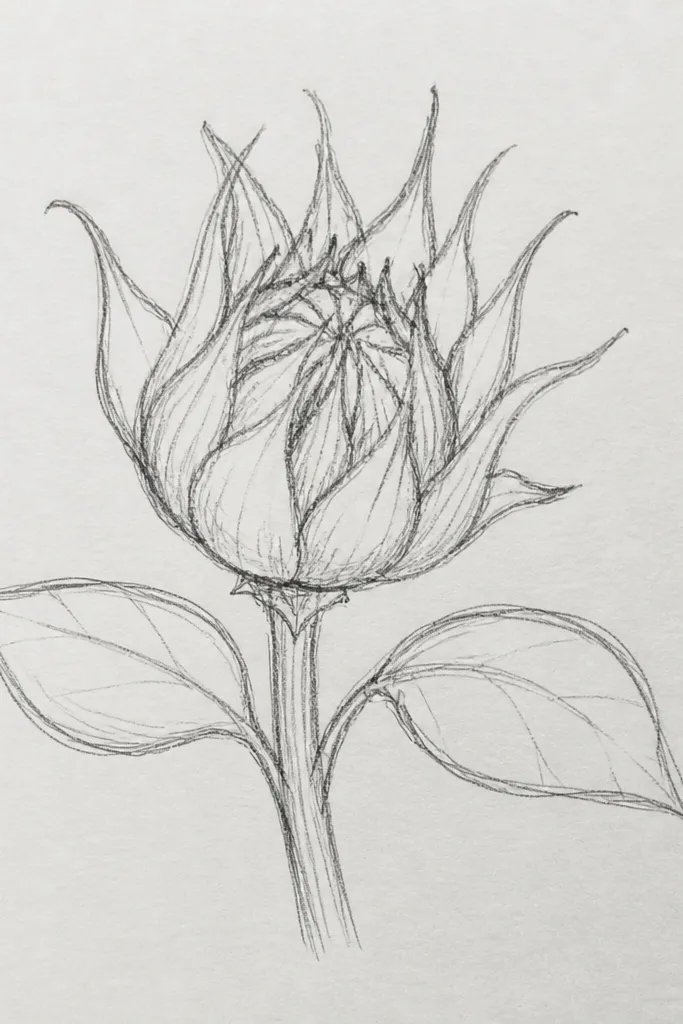 Small sunflower bud with a tight spiral center and short curled petals