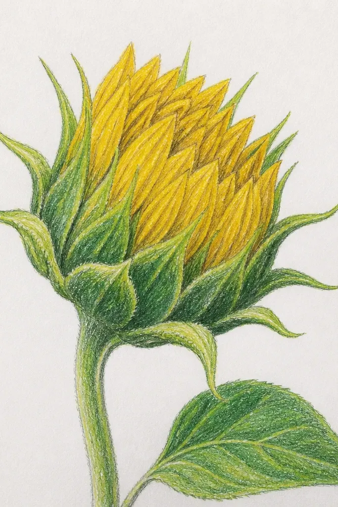 Sunflower bud with fan-shaped petals layered like overlapping plates