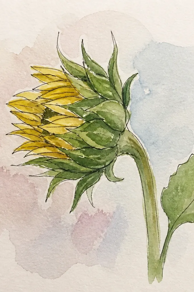 Side view sunflower bud showing a deep inner fold and curved petals