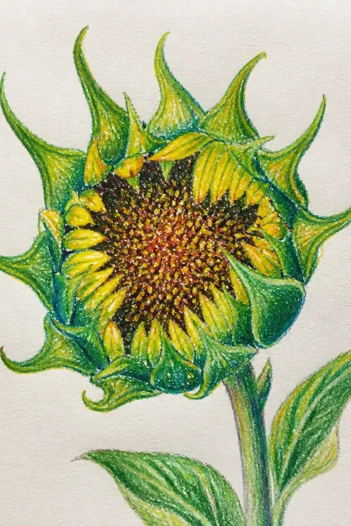 Sunflower bud with a dot spiral center and small rounded petals