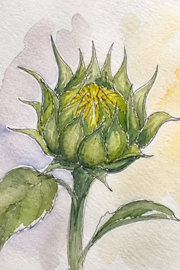 Sunflower bud with soft yellow watercolor wash and crisp pencil petal outlines