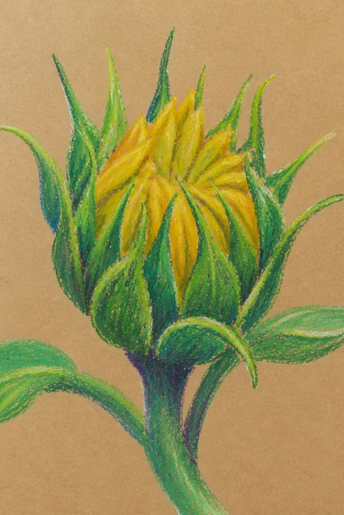Sunflower bud drawn with light crayon lines on tan paper and darker watercolor petals