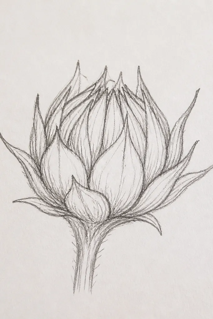Sunflower bud shaded with neat crosshatching on inner folds and petal edges