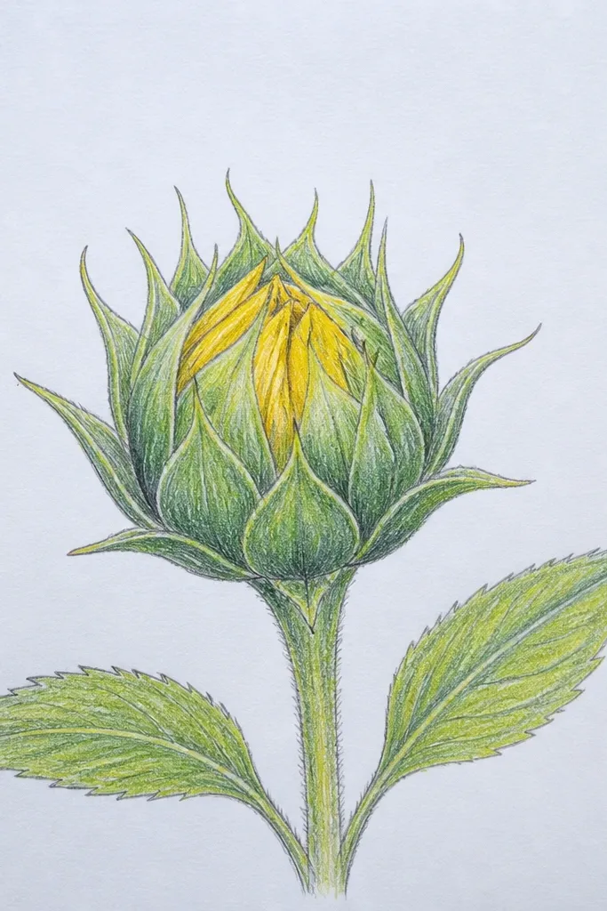 Black ink sunflower bud where petals are defined by clean negative space