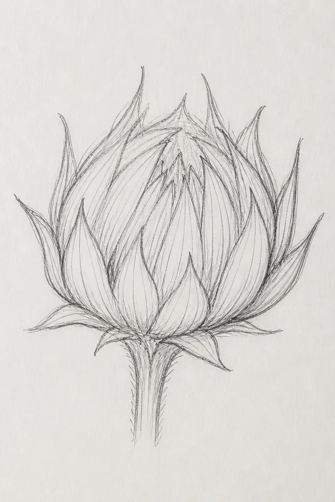 Sunflower bud with smooth pencil ombre shading from light rim to dark inner fold