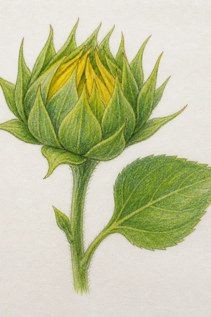 Sunflower bud attached to a small leaf with visible vein lines and textured shading