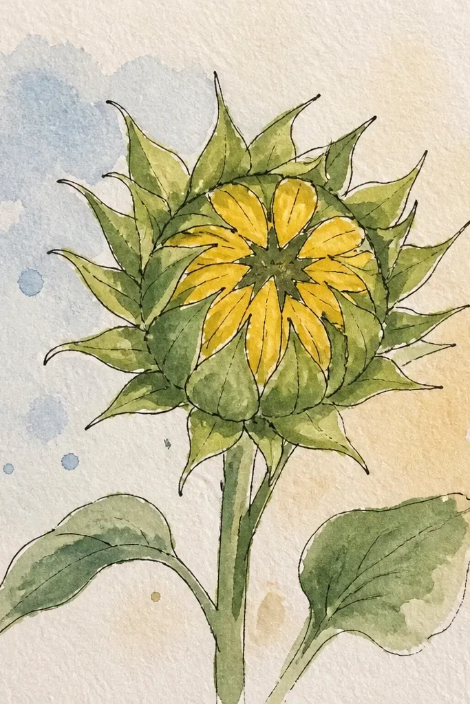 Sunflower bud drawn with large arched petals like wings around a spiral center
