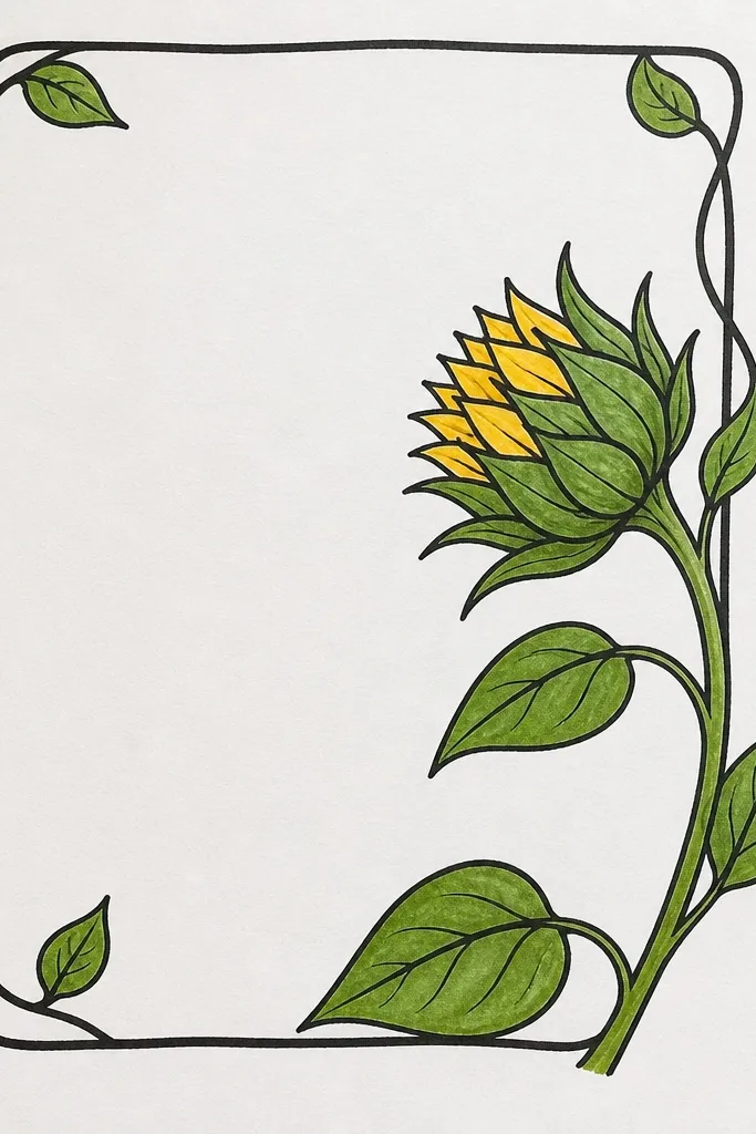 Sunflower bud centered inside a simple doodle border of dots and tiny leaves