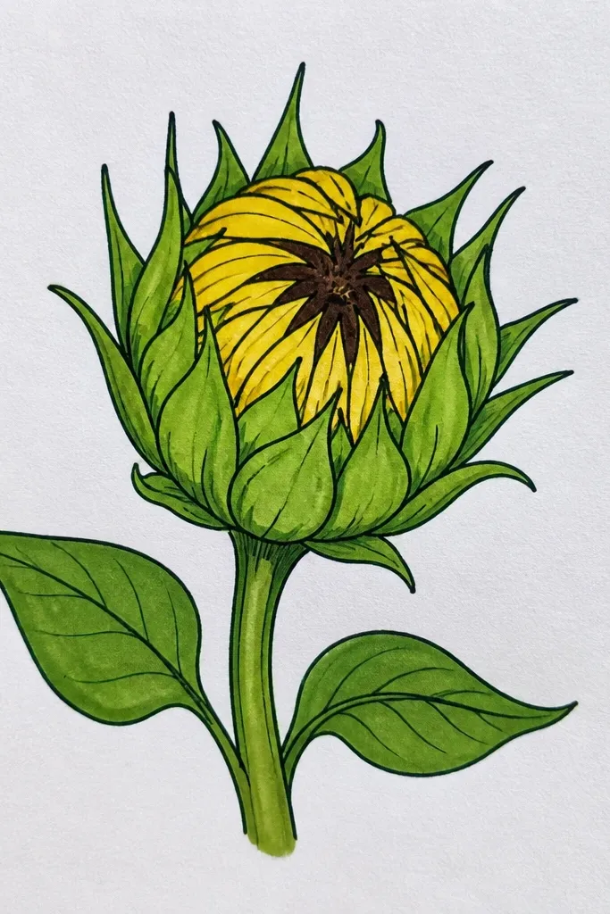 Sunflower bud with scratched texture lines in shaded petals