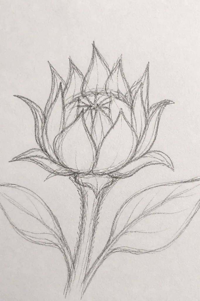 Sunflower bud with soft pencil gradients and bright lifted highlights on petal edges