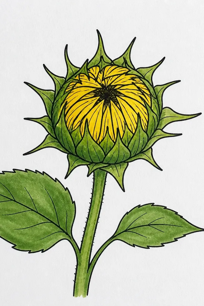 Sunflower bud with thread-like center lines wrapping into a spiral