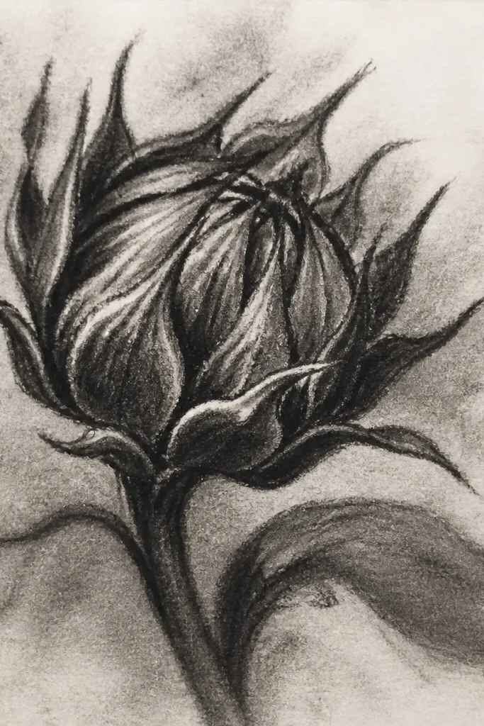 Monochrome sunflower bud with a soft charcoal rim and darker inner center