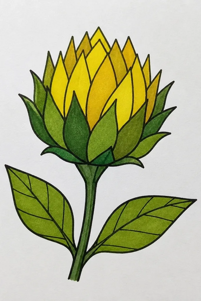 Sunflower bud with faceted petal shapes and sharp shading planes