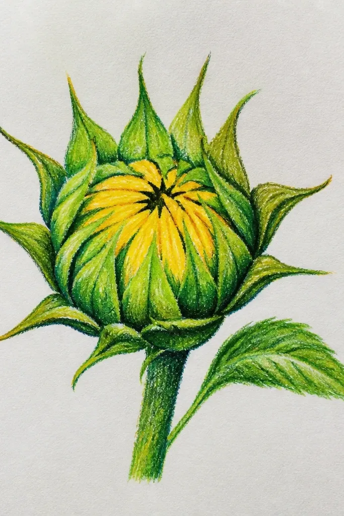 Sunflower bud with layered paper cut look and visible edges on petals