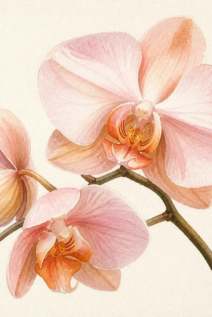 A watercolor orchid drawing on cream cold-press paper. The petals are mostly pale blush pink with a warm peachy center. The shadow areas sit under each petal fold in soft apricot and light brown, with faint translucent layers visible.