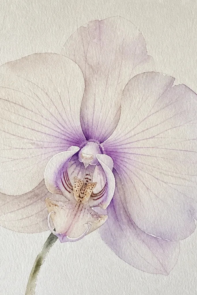 A mostly off-white orchid on watercolor paper. Petals are painted in creamy ivory with a few pale lilac washes. Fine, hairline purple veins radiate from the center, and the deepest color is only at the petal overlaps.