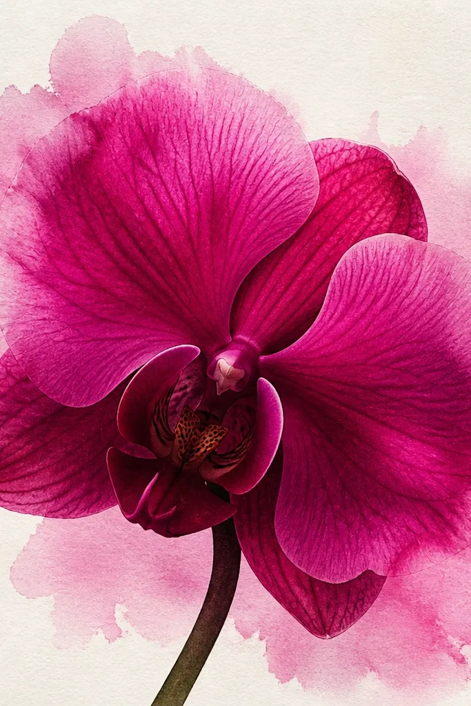A bold orchid with saturated magenta petals. The center is darker and the outer edges have soft watercolor blooms that feather into the paper. The overlaps are richer, and the veins show as slightly darker lines.