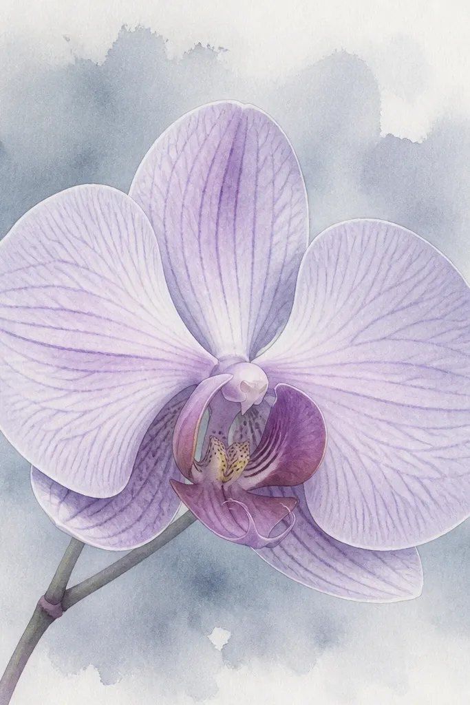 An orchid painted in muted lavender with soft lilac veins. Behind it, there's a hazy blue-grey wash that fades outward. The petals have gentle gradients and the background stays lighter than the flower.