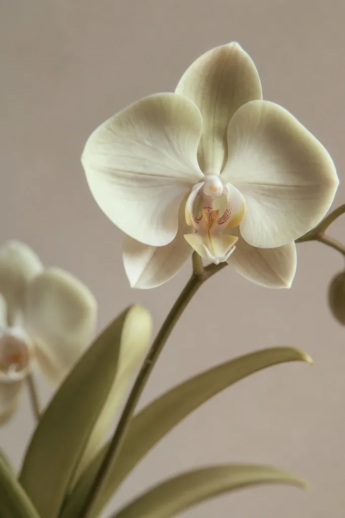 A pale orchid with a faint sage tint in the petals. The shadows under folds are warm and slightly brown. The stem and leaves are muted green with a soft yellow-green feel.