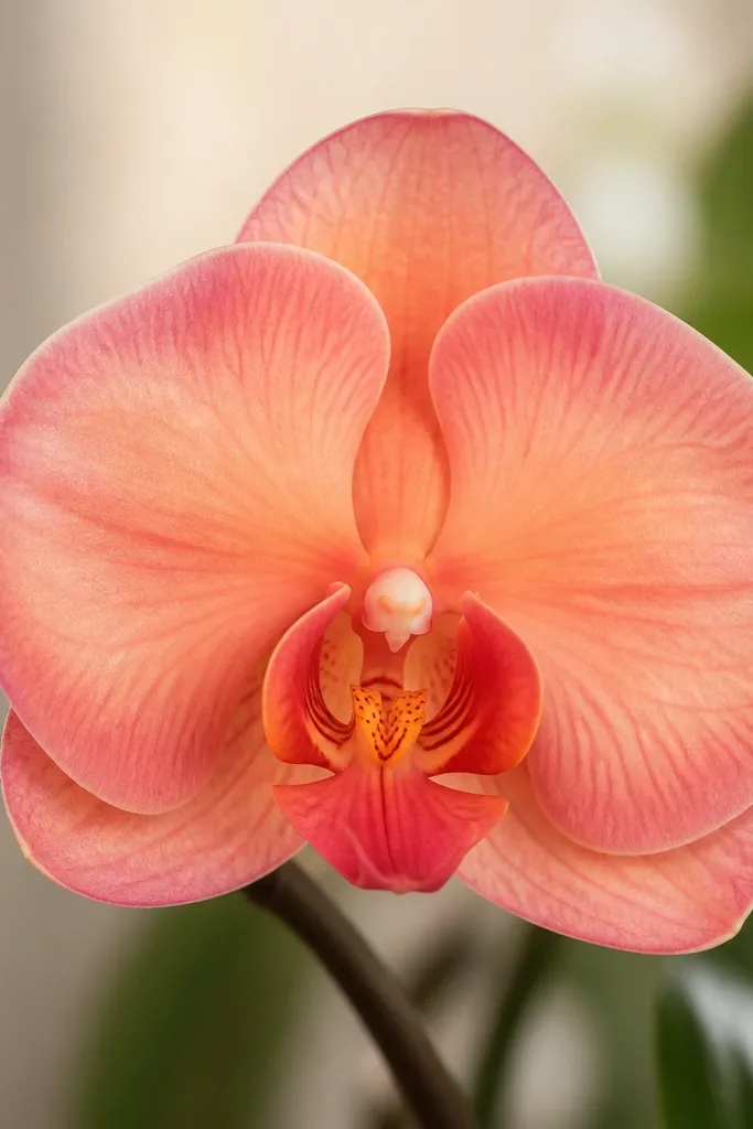 An orchid with peachy rose petals. There's a gentle lighter ring around parts of each petal, creating a halo effect. The center is warmer and the rim edges are slightly darker in rose.