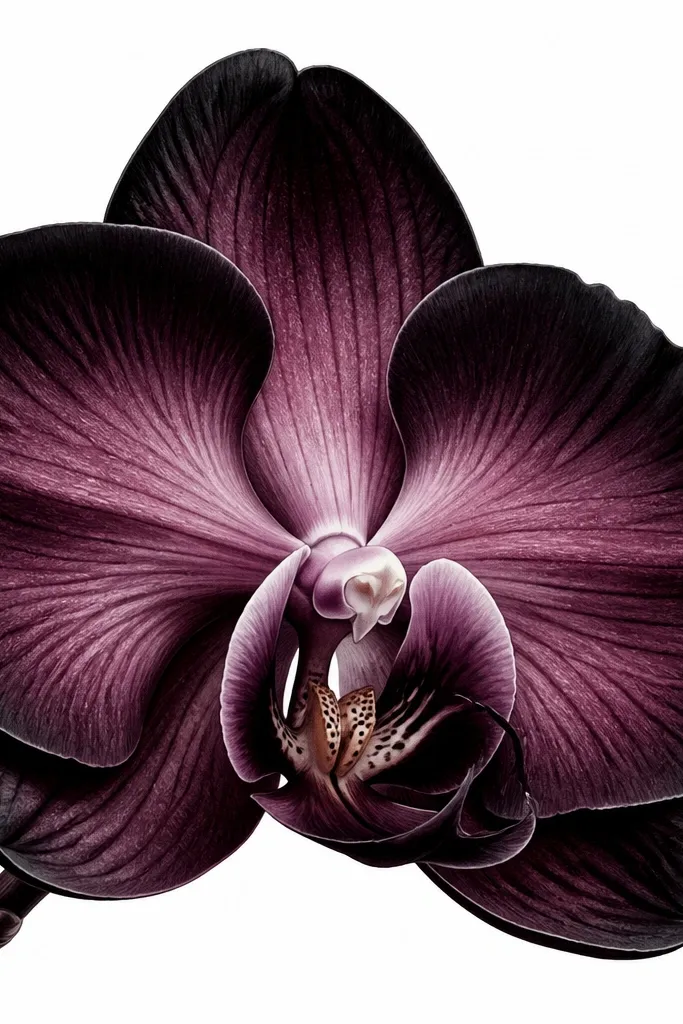 A darker orchid drawing with plum petals and deep near-black edges. The center is still soft, but the outer rims and overlaps are very dark. The background is plain white, making the petals pop.