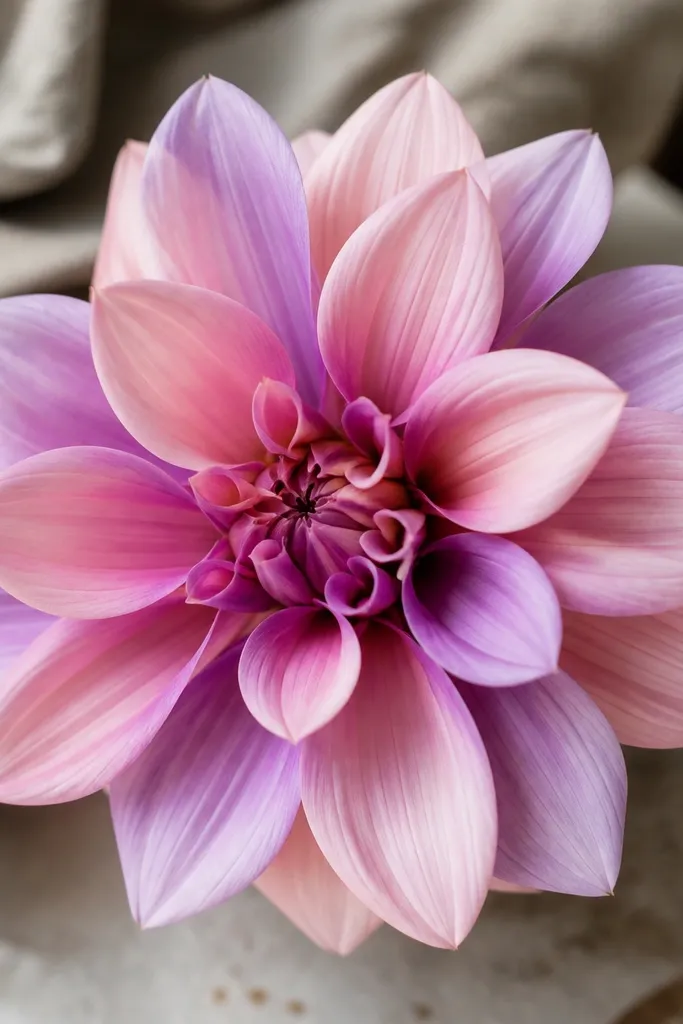 Each petal has a split color: one half is pale pink and the other half is light purple. The split line is soft and slightly blurred, with darker folds and subtle veins.