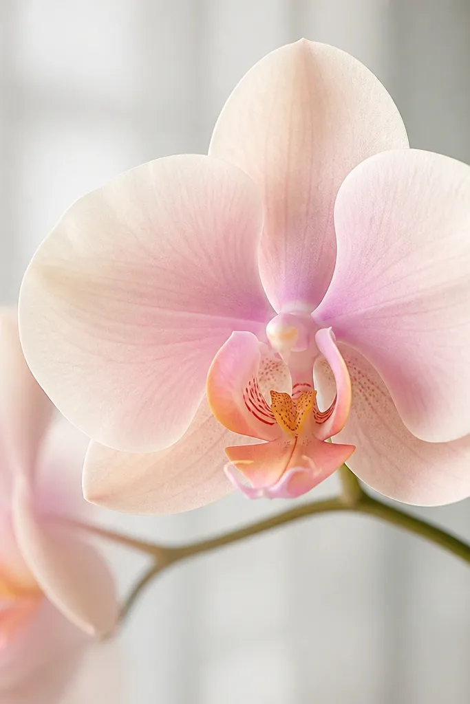 A pastel orchid where each petal has a smooth gradient from light at the rim to slightly darker near the center. The gradients blend softly with no hard lines. Veins are faint and the overall image feels airy.