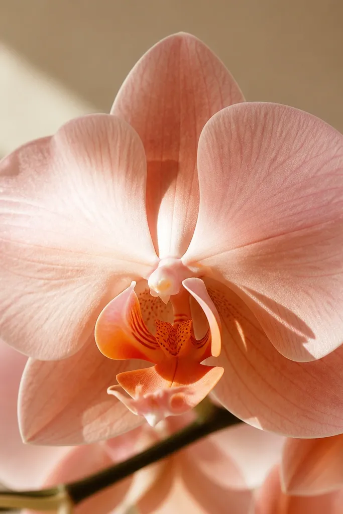 An orchid with warm golden undertones. Petals are pale pink with a subtle warm glow. The center is slightly more orange, and the overlaps have burnt sienna shadows. Tiny highlights look like they were left paper-white.