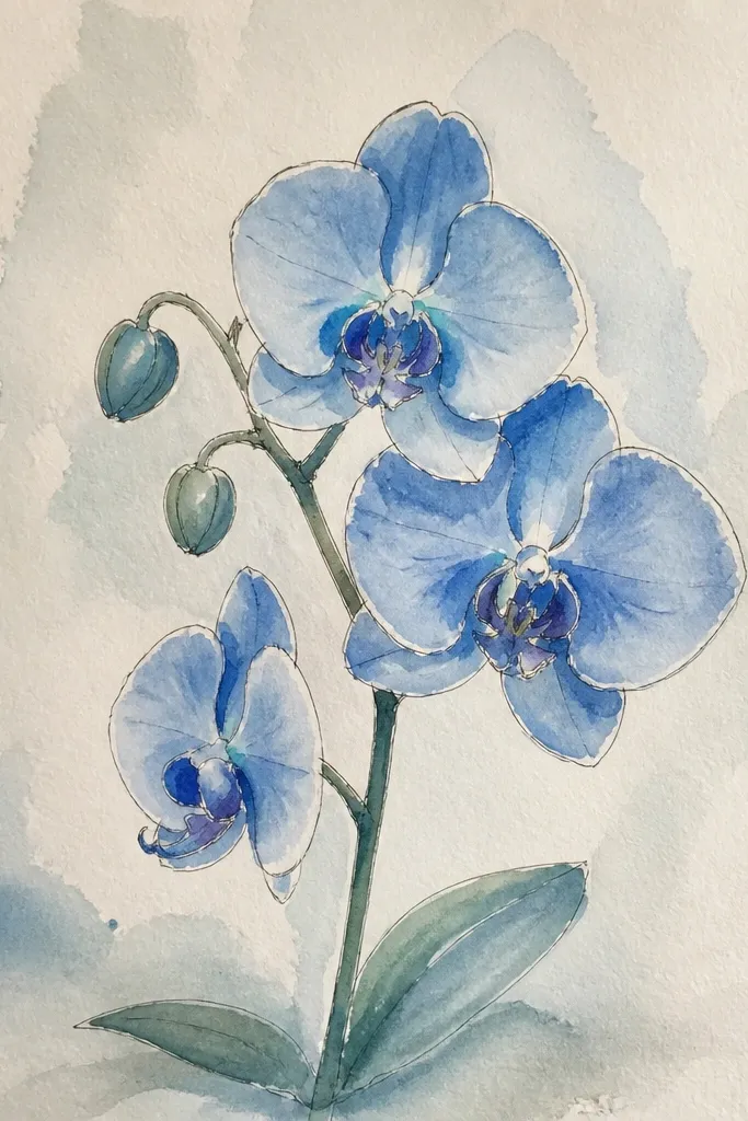 A cool-toned orchid with blue-lavender petals. The folds and shadows are hinted with teal. The center is pale and the rim edges are lightly darker blue.