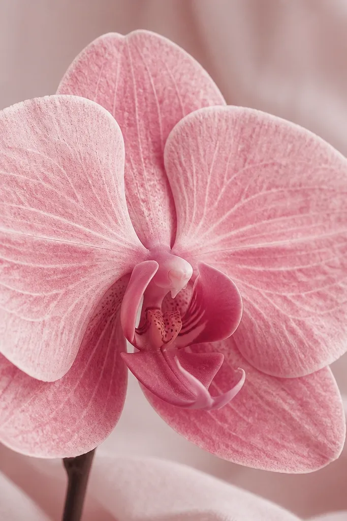 A rose monochrome orchid where petals are painted in shades of pink. Some areas have dry-brush texture - visible speckling and soft edges. Veins are lighter and the center is slightly darker.