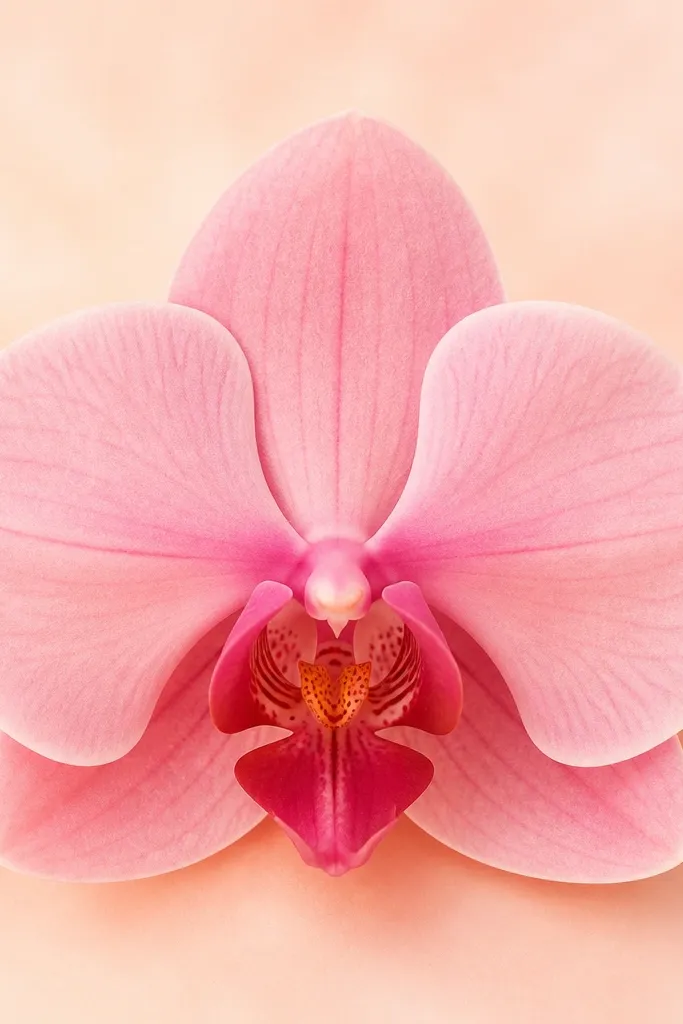 An orchid centered on a pale peach background wash. The petals are soft pink with a slightly deeper center. The background fades outward and the orchid edges are clean against the warm backdrop.