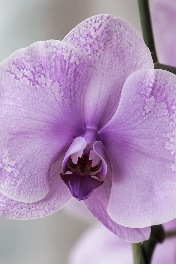 A lavender orchid with a few petal areas covered in subtle speckling. The speckles look like watercolor blooms from salt crystals. The center is slightly darker and the outer edges are soft.