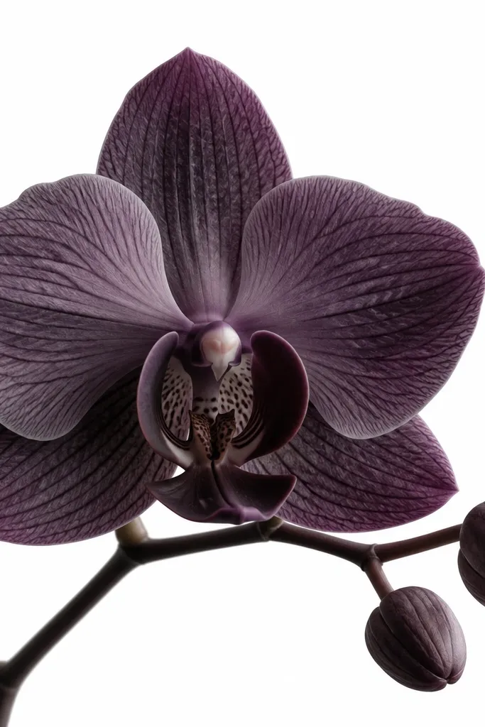 A study-style orchid in charcoal-purple tones. Petals have crisp edges with controlled gradients. Veins are clearly visible as thin lines, and the background is plain white with no wash.