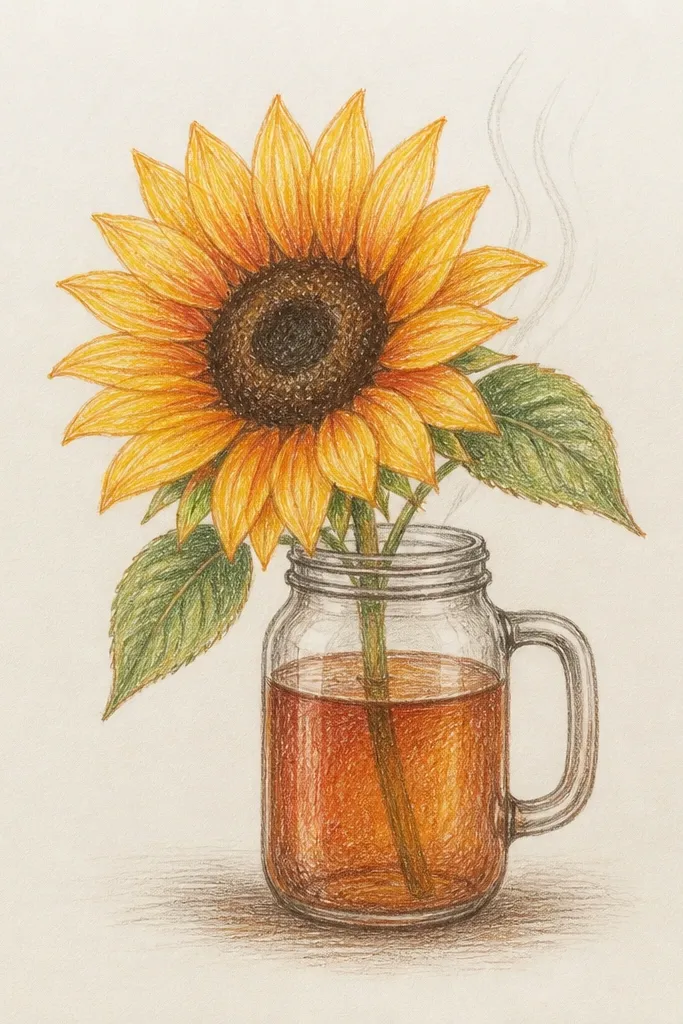 Sunflower in a mason jar with a steaming cup beside it on warm paper