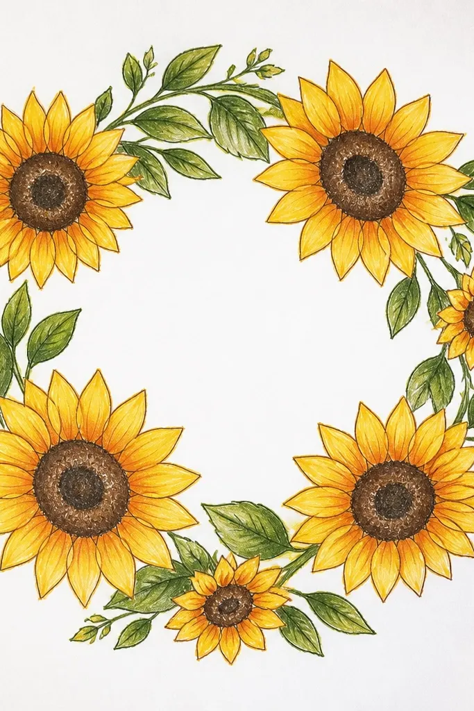 Sunflower wreath with layered petals around a circular center