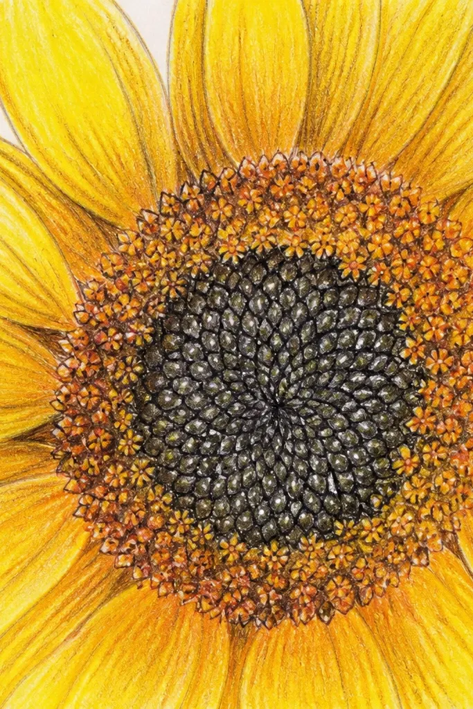 sunflower center with textured seeds and warm yellow shading