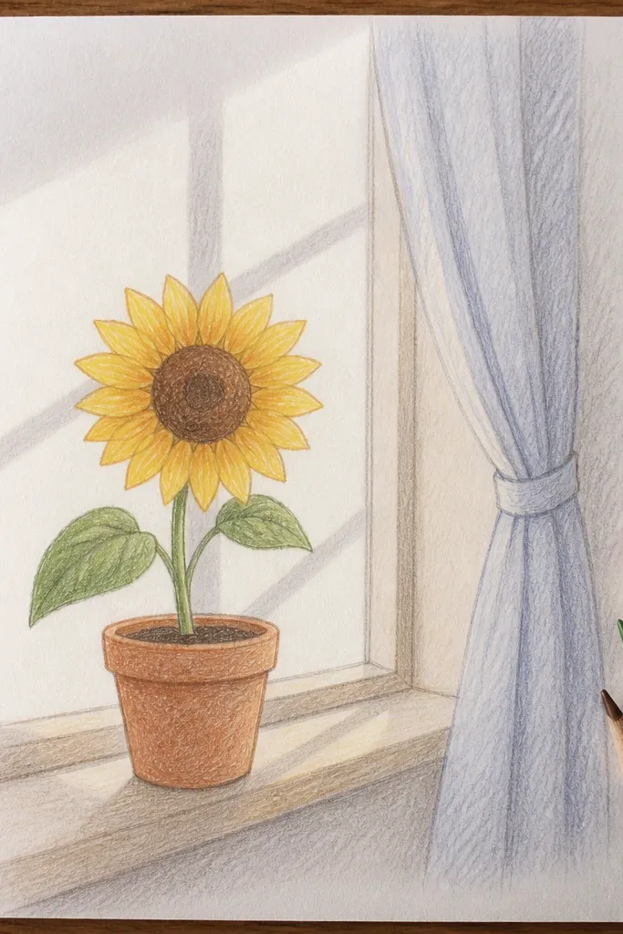 Sunflower near a window with curtain folds casting soft shadows