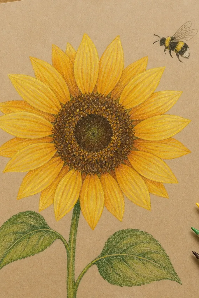 Sunflower with a small bee above it on kraft paper