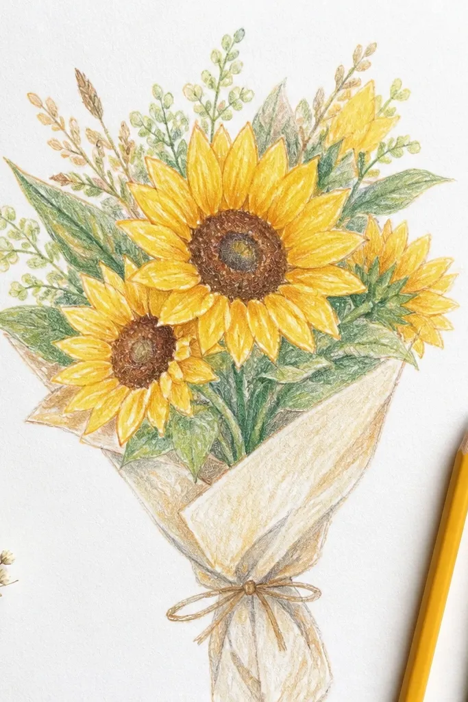 Loose bouquet of sunflowers with soft pencil wash petals
