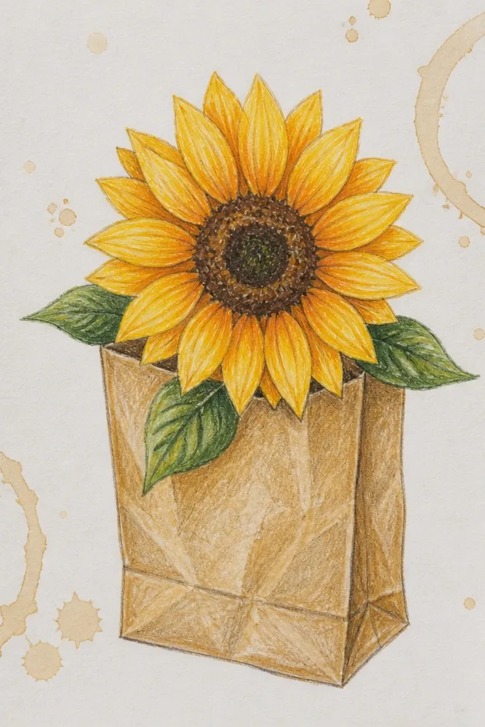 Sunflower drawn on a paper bag with coffee stain marks