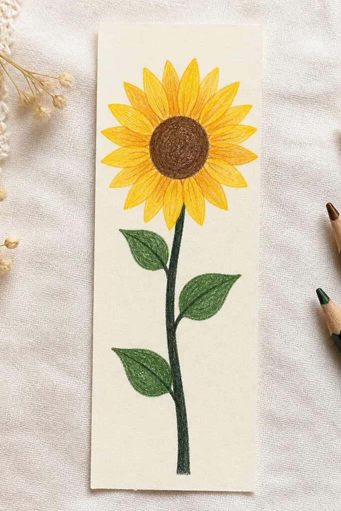 Vertical sunflower bookmark with marker stem and pencil petal shading