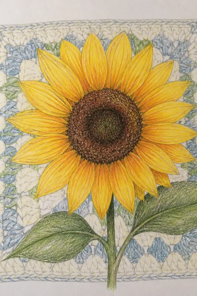 Sunflower drawn over a simple crochet-like stitch pattern