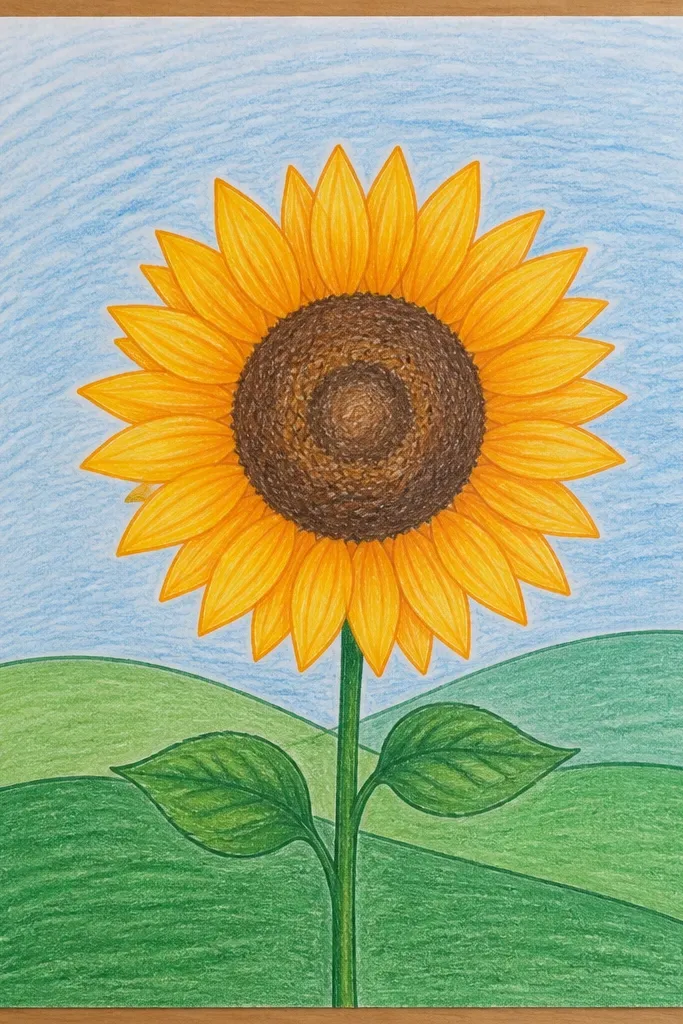 Sunflower with rolling hills and a soft sky gradient