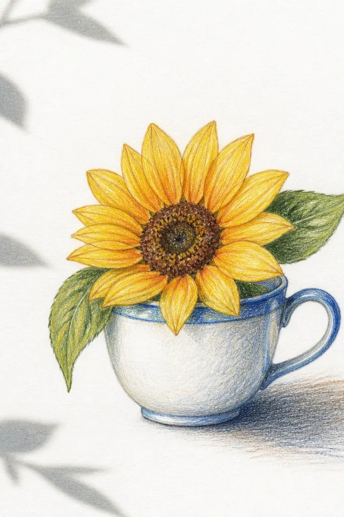 Sunflower in a small teacup with leaves and side shadows