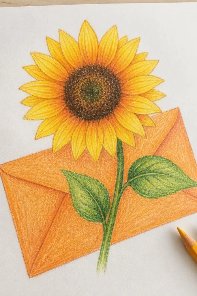 Sunflower over a background of envelope-style lines and orange tones